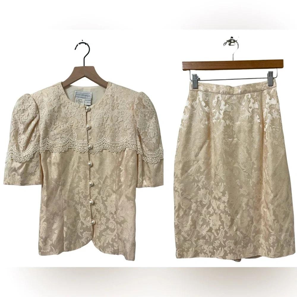 Scott McClintock Vintage Formal Cream Paisley Print Skirt Suit Size 4 - Picture 1 of 13